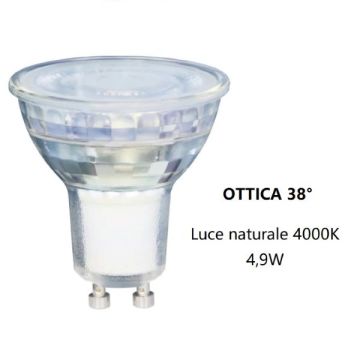 GU10 LAMPADINA FARETTO IN VETRO A LED 4,9W OTTICA38° LUCE NATURALE 4000K FAN GU10 LAMPADINA FARETTO IN VETRO A LED 4,9W OTTICA38° LUCE NATURALE 4000K FAN