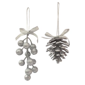 GIOCOPLAST NATALE - ADDOBBO NATALIZIO GLITTER ARGENTO PIGNA O BACCHE CON FIOCCO PREZZO CAD