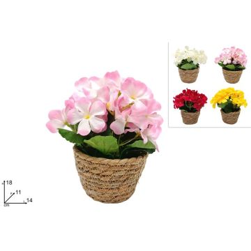 PIANTA ARTIFICIALE CON FIORI E VASO CORDA 4 COLORI ASSORITI