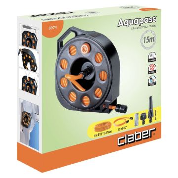 CLABER - SET AVVOLGITUBO DA GIARDINO PORTATILE AQUAPASS CON TUBO 15 METRI E ACCESSORI CLR