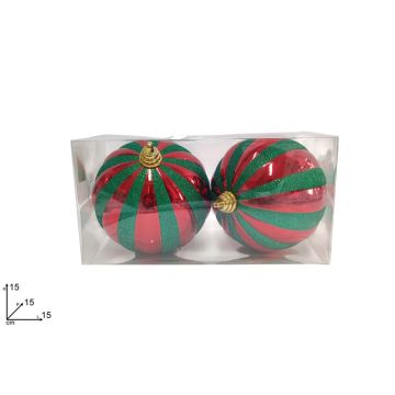 DUE ESSE CHRISTMAS - PALLE TONDE 15CM 2PZ ROSSO GLITTER VERDE IN BOX PVC DI DUEESSE CHRISTMAS
