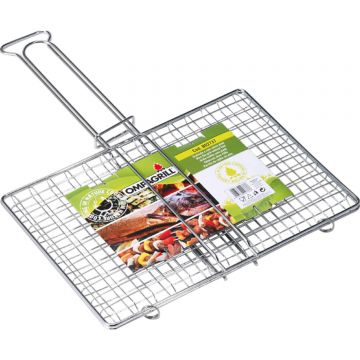OMPAGRILL - GRIGLIA A RETE PER BARBECUE SENZA PIEDI ACCIAIO CROMATO MANICO LUNGO 27X37 CM