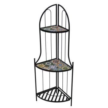 VERDELOOK - SCAFFALE ANGOLARE METALLO MOSAICO 3 RIPIANI DECORO MAIOLICA PER CASA E GIARDINO