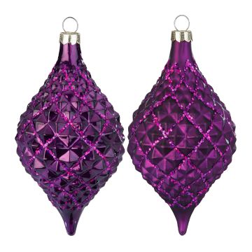 INGES'S CHRISTMAS - PALLINA DI NATALE IN VETRO LUNGA BUGNATA VIOLA CON GLITTER OPACO/LUCIDO CAD UNO