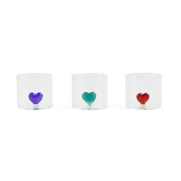 BICCHIERINO CUORE IN VETRO BOROSILICATO 1 PZ. COLORI ASSORTITI 90ML  DIAM. 5.5X5