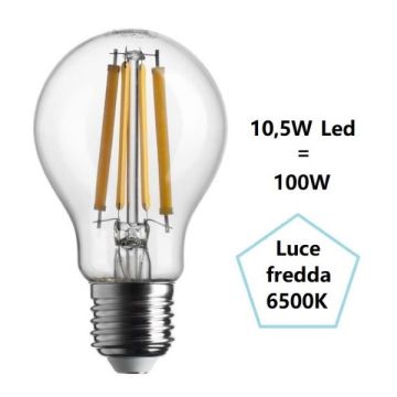 LAMPADINA GOCCIA A LED 10.5W LUCE FREDDA 6500K 1521 LUMEN E27 VETRO TRASPARE BOT LAMPADINA GOCCIA A LED 10.5W LUCE FREDDA 6500K 1521 LUMEN E27 VETRO TRASPARE BOT