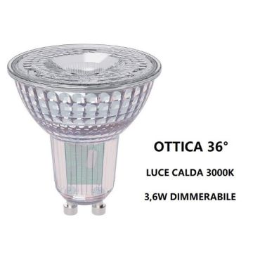 BOT LIGHTING S.R.L. - GU10 LAMPADINA FARETTO IN VETRO A LED 3,6W OTTICA 36° DIMMERABILE 3000K BOT