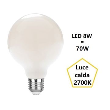 LAMPADINA GLOBO SATINATO LED 8W LUCE CALDA 2700K 950 LUMEN E27 DIAMETRO 95MM FAN LAMPADINA GLOBO SATINATO LED 8W LUCE CALDA 2700K 950 LUMEN E27 DIAMETRO 95MM FAN